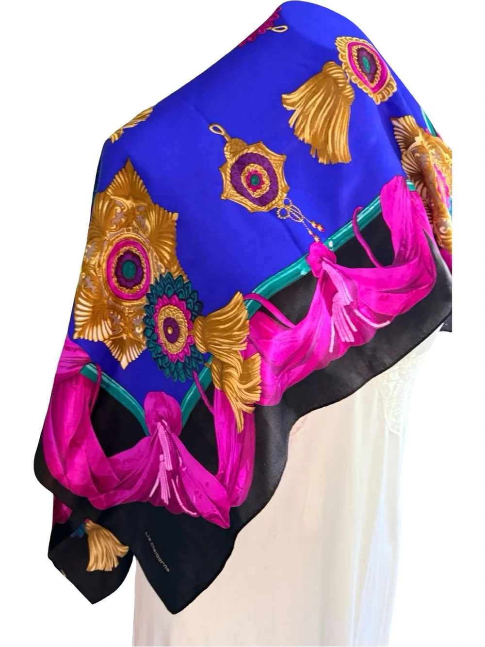 Vintage Liz Claiborne Silk Scarf Royal Blue Magenta Gold Tassel Medallion 30x30